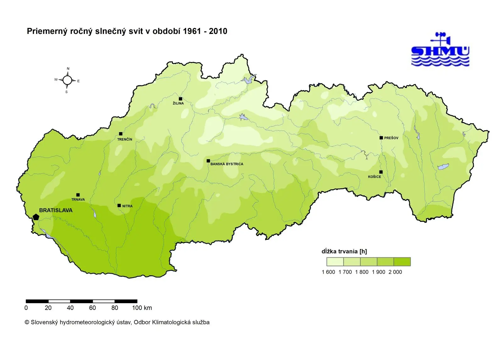 priemerný ročný slnečný svit na Slovensku, mapa