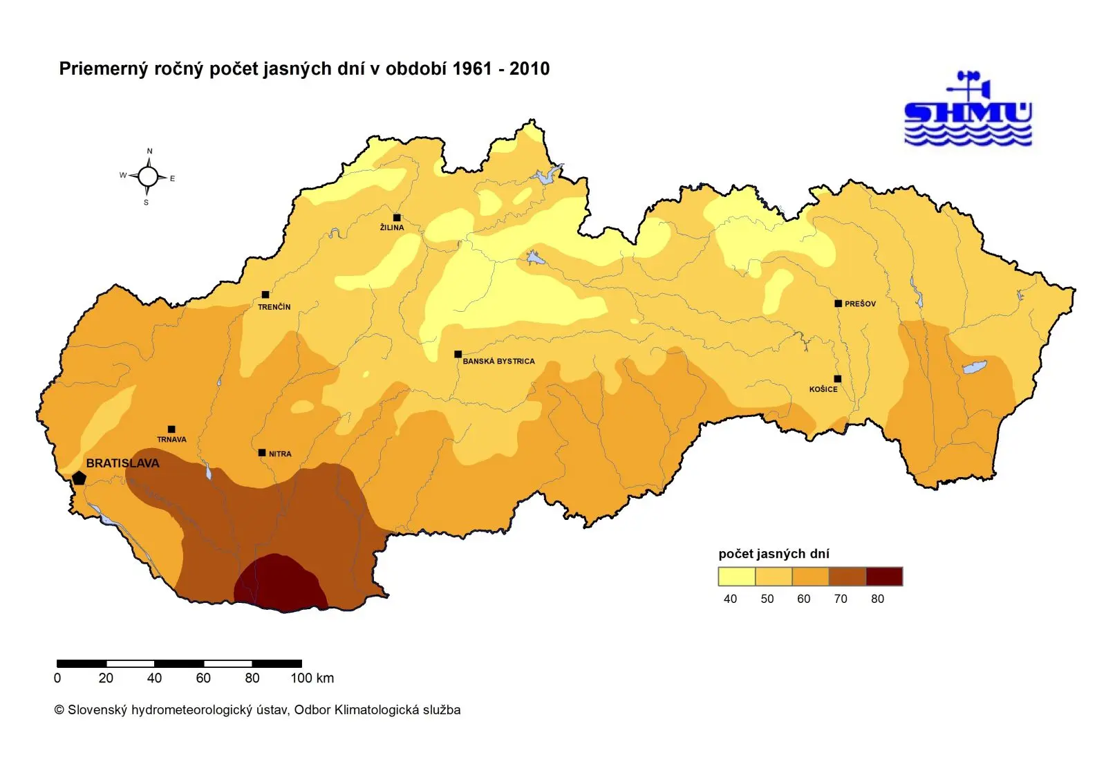 priemerný ročný počet jasných dní na Slovensku, mapa